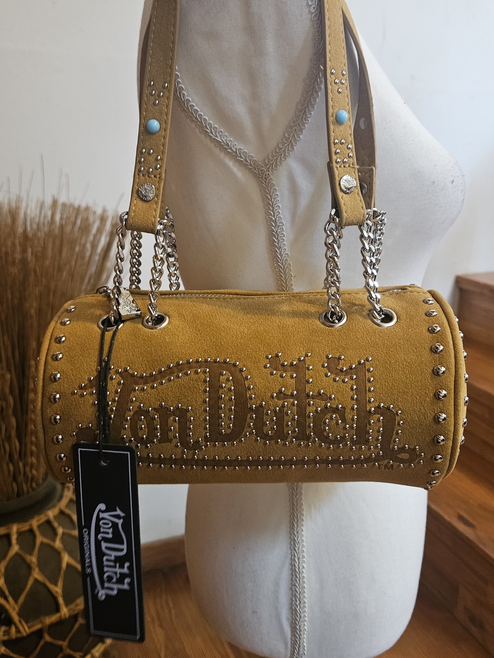 Von Dutch Mini Brown Barrel Handbag With Rhinestones.